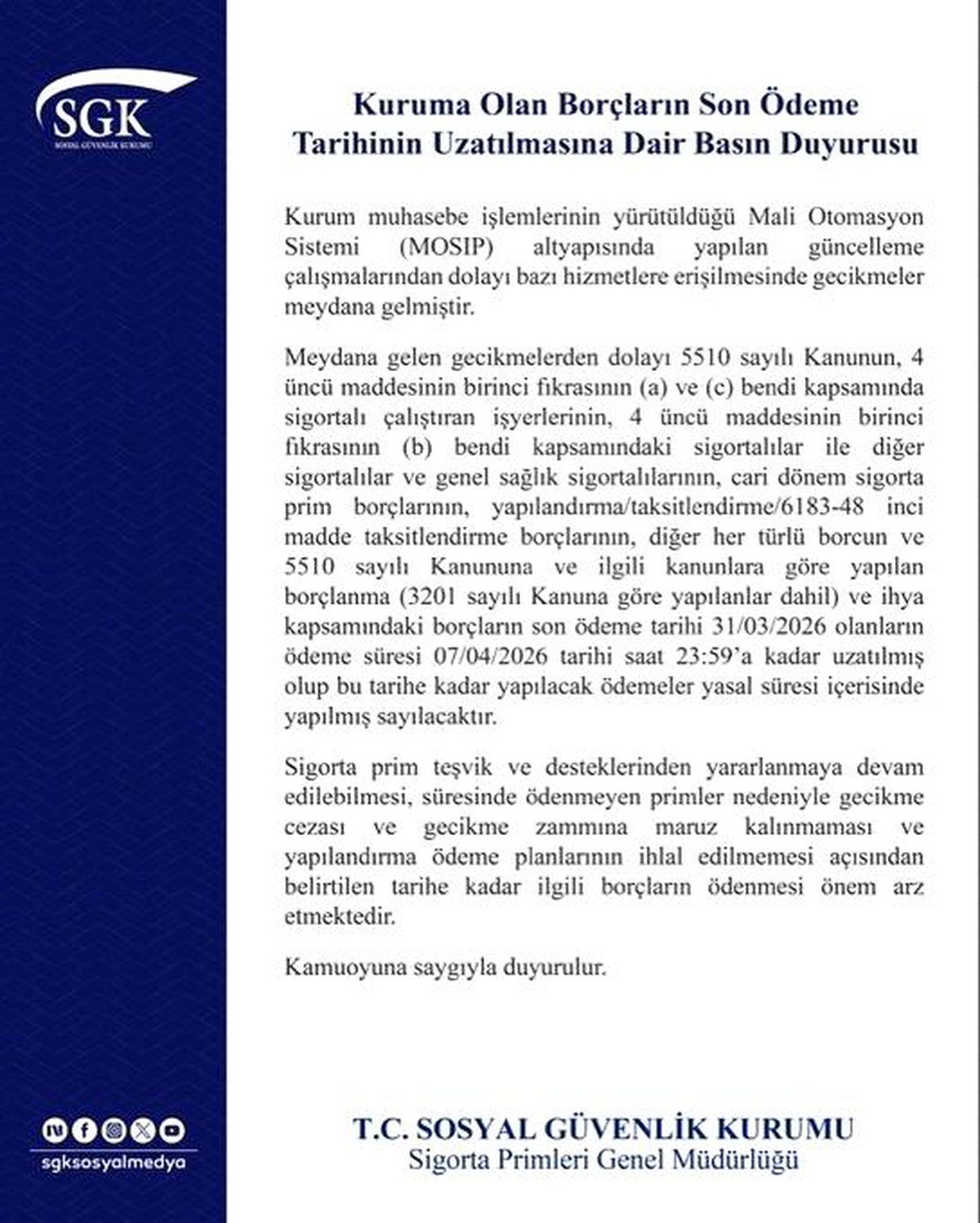 SGK'dan Önemli Duyuru: Sigorta Prim Borçlarının Son Ödeme Tarihi 7 Nisan'a Uzatıldı