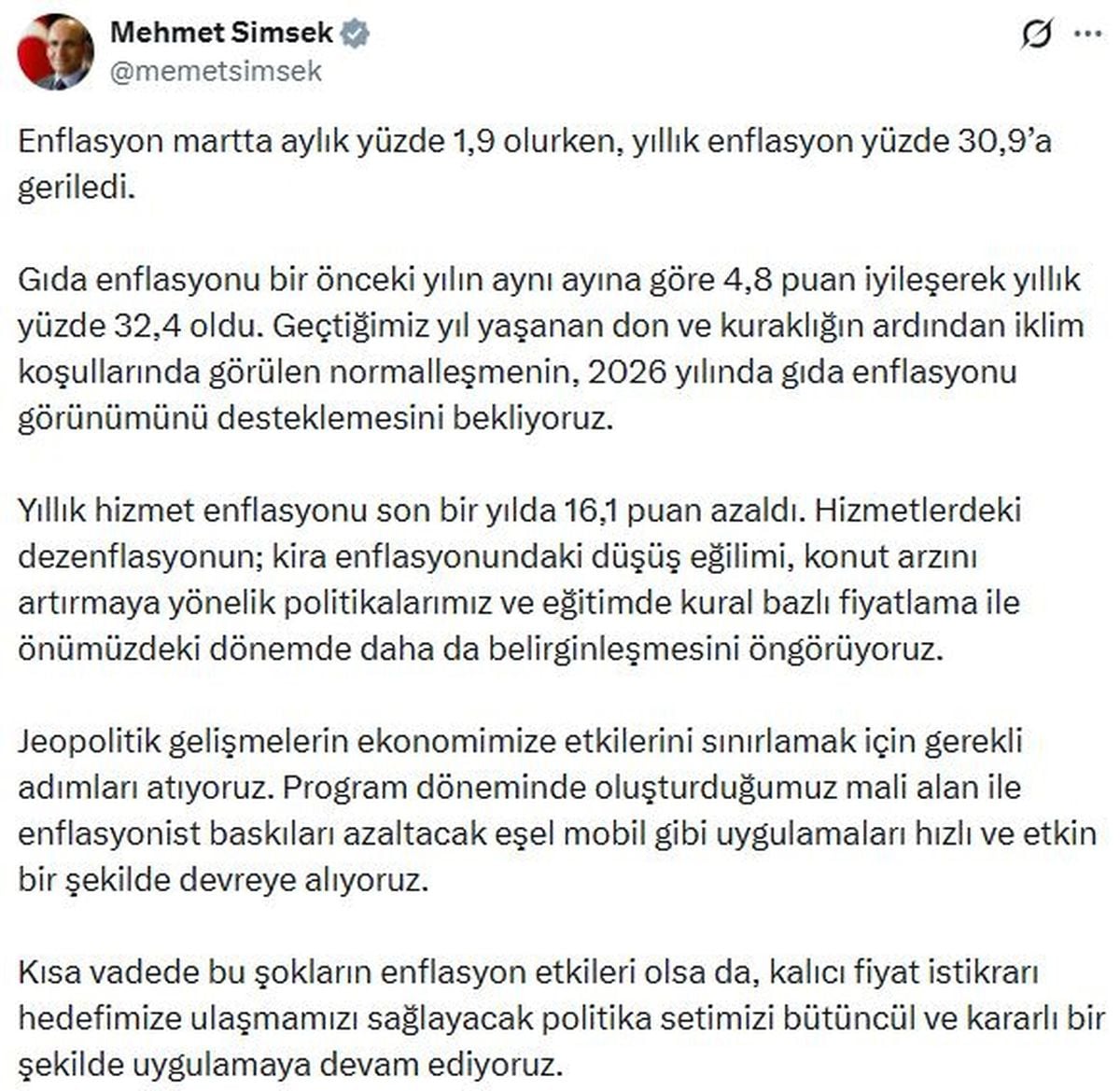 Mehmet Şimşek'ten Enflasyon Açıklaması: Yıllık Enflasyon %30,9'a Geriledi
