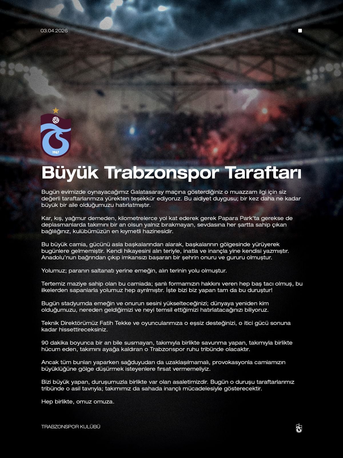 Trabzonspor’dan Galatasaray Maçı Öncesi Taraftara Teşekkür ve Sağduyu Çağrısı