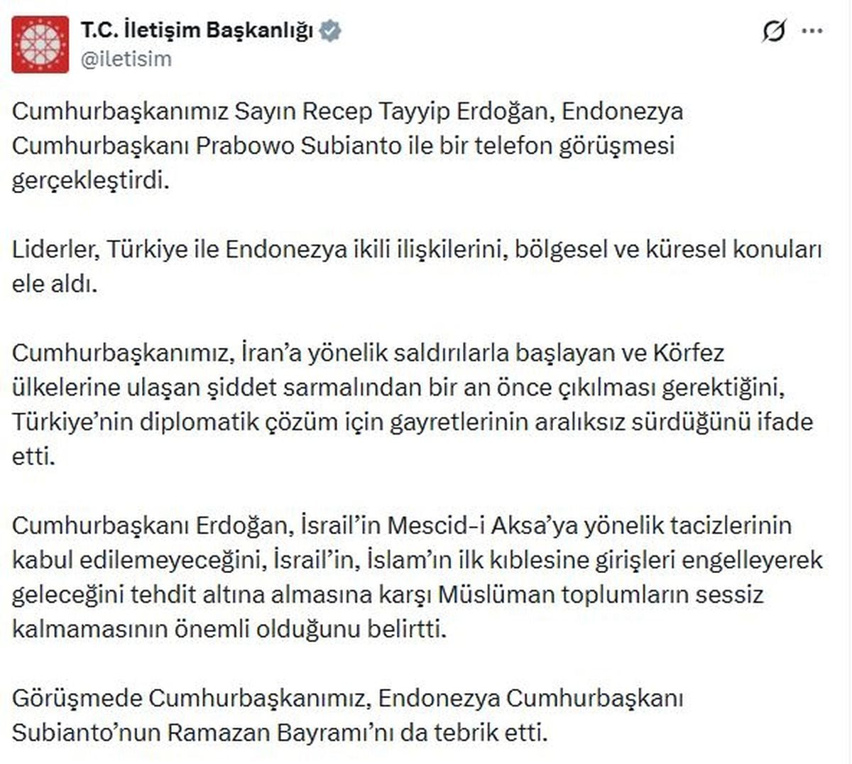 Erdoğan ve Endonezya Cumhurbaşkanı Subianto, Bölgesel ve Küresel Konuları Telefon Görüşmesinde Ele Aldı