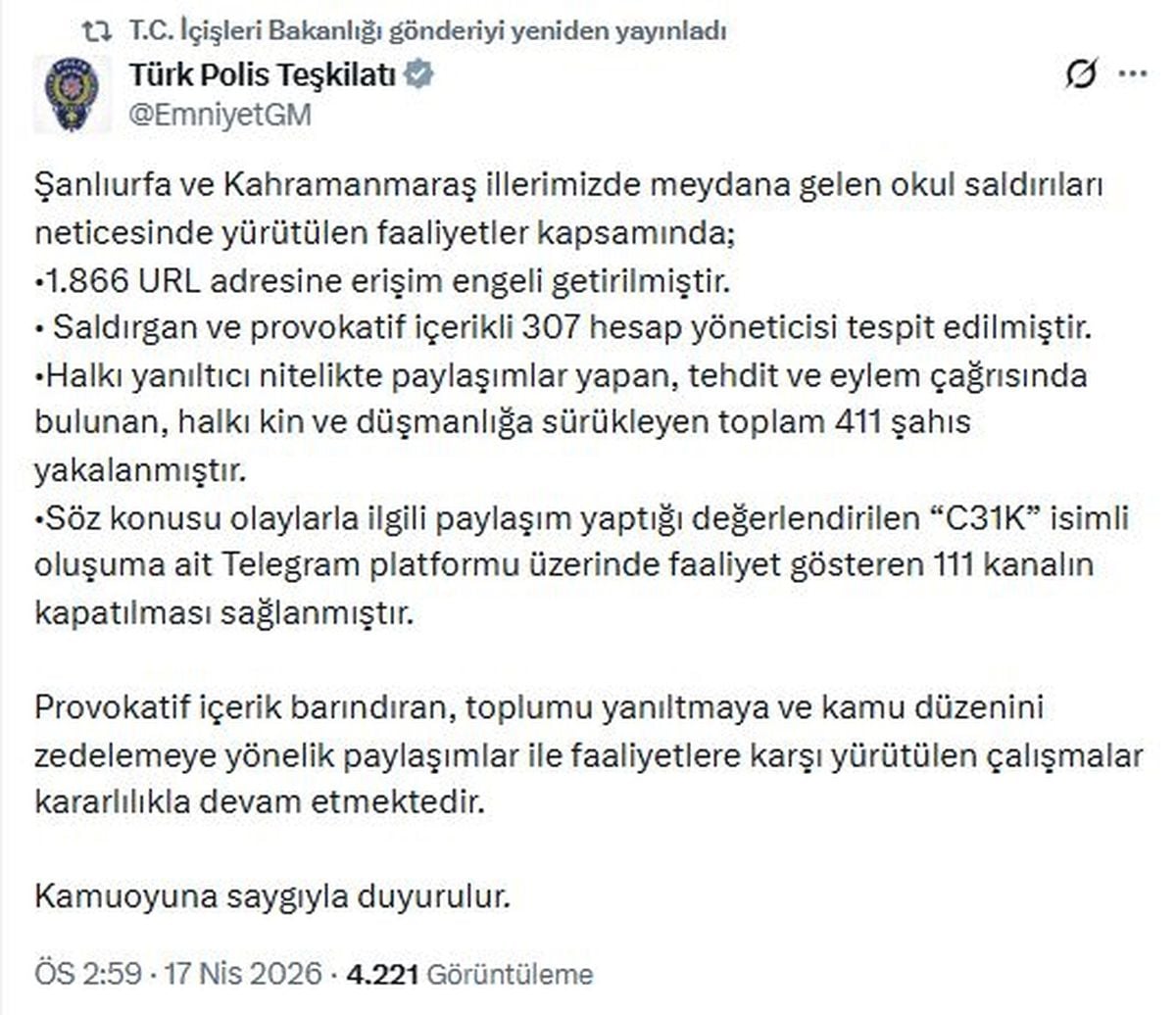 Şanlıurfa ve Kahramanmaraş Okul Saldırıları Sonrası 411 Kişi Gözaltında, 111 Telegram Kanalı Kapatıldı