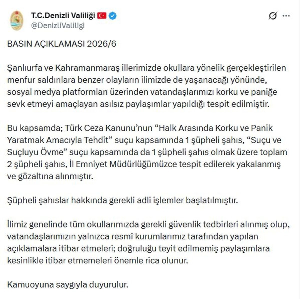 Denizli'de Okul Saldırılarıyla İlgili Asılsız Paylaşımlar Yapan 2 Şüpheli Gözaltında